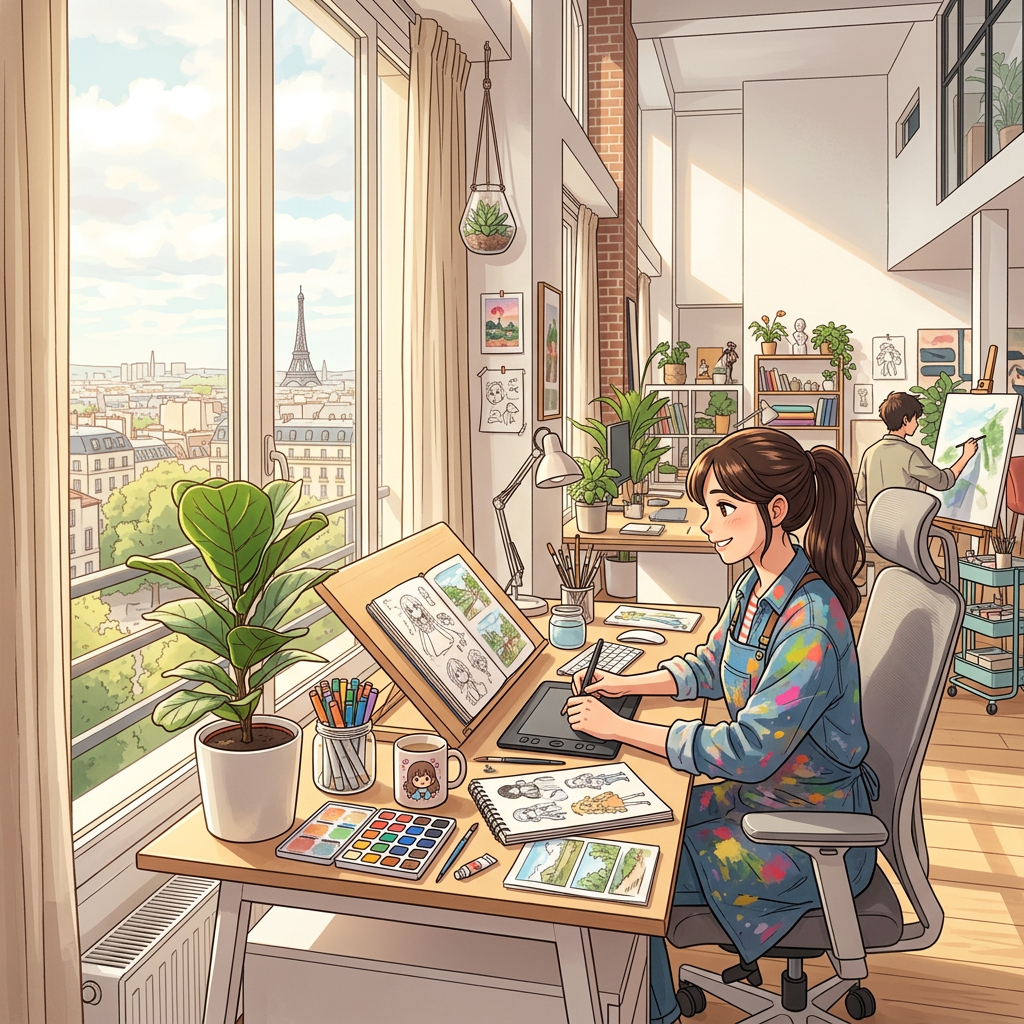 A bright art studio with a female artist drawing on a tablet and a male artist painting on a canvas, with a view of the Eiffel Tower through large windows.